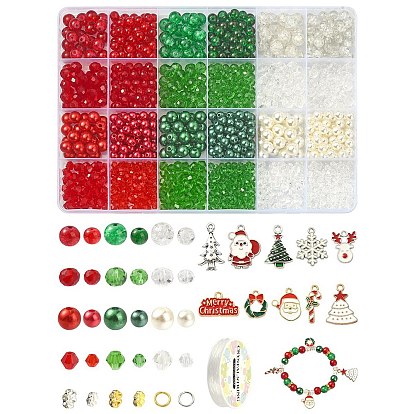 DIY Christmas Bracelet Making Kit, Including Glass & Imitation Pearl Acrylic Beads, Alloy Enamel Pendants, Candy Cane & Tree & Santa Claus & Reindeer