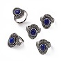 Oval Natural Lapis Lazuli Adjustable Rings, Antique Silver Tone Brass Wide Band Rings for Men