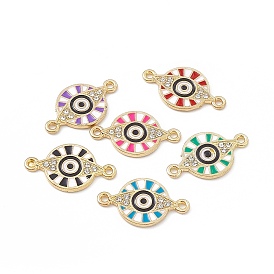 Alloy Crystal Rhinestone Connector Charms, Enamel Style, Flat Round Links with Evil Eye, Light Gold