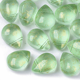 Transparent Spray Painted Glass Beads, Top Drilled Beads, with Glitter Powder, Frosted, Teardrop