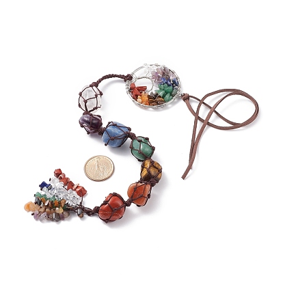 Décorations de pendentif tissées de pierres précieuses mélangées naturelles chakra, avec anneaux de liaison en laiton et cordon en faux suède, arbre de la vie