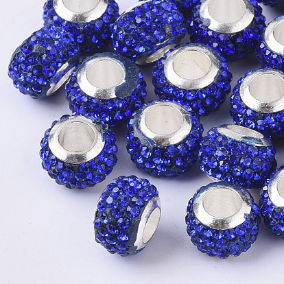 Polymer Clay Rhinestone European Beads, with Brass Single Cores, Large Hole Beads, Rondelle
