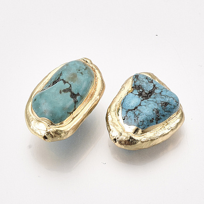 Perles de turquoise synthétiques, avec bord en argile polymère plaqué or, pépite