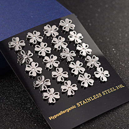 Flower 304 Stainless Steel Rhinestone Stud Earrings, 10x1.5mm, Pin: 0.8mm