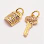 Brass Micro Pave Grade AAA Cubic Zirconia Charms, Long-Lasting Plated, Key and Padlock, Cadmium Free & Nickel Free & Lead Free