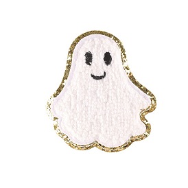 Fantôme avec visage souriant serviette informatisée tissu à broder à repasser/à coudre sur des patchs, appliqués en chenille, accessoires de costumes, thème de l'Halloween