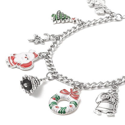 Christmas Tree & Deer & Wreath & Santa Claus Alloy Enamel Charm Bracelet, 304 Stainless Steel Jewelry for Women