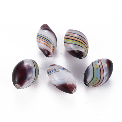 Transparent Handmade Blown Glass Globe Beads, Stripe Pattern, Oval