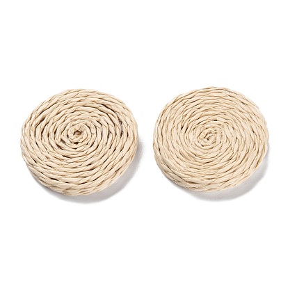 Handmade Woven Beads, Paper Imitation Raffia Covered with Wood, No Hole/Undrilled, Flat Round