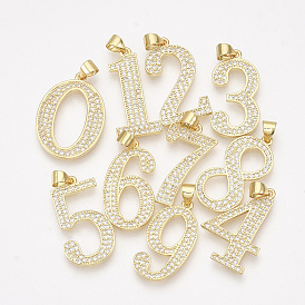 Brass Cubic Zirconia Pendants, Number, Real 14K Gold Plated