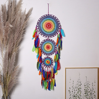Indian Style Iron Woven Web/Net with Feather Pendant Decorations, Cotton Cord Hanging Home Wall Decorations
