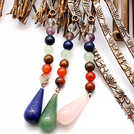 Gemstone Teardrop Pendant Bookmark, with 7 Natural Gemstone Round Beads, Feather Shape Antique Bronze Plated Alloy Bookmark