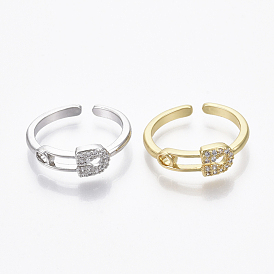 Brass Micro Pave Clear Cubic Zirconia Cuff Rings, Open Rings, Safety Pin Shape, Nickel Free