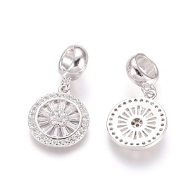 Brass Micro Pave Cubic Zirconia European Dangle Charms, Large Hole Pendants, Flat Round, Clear