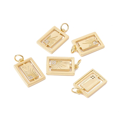 Rack Plating Brass Micro Pave Clear Cubic Zirconia Pendants, with Jump Ring, Cadmium Free & Nickel Free & Lead Free, Rectangle with Sun