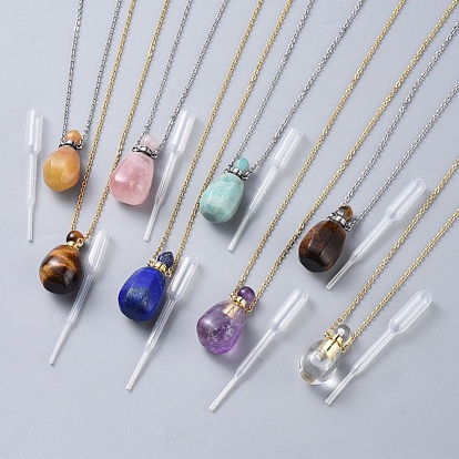 Natural Mixed Gemstone Perfume Bottle Pendant Necklaces, with Stainless Steel Cable Chain and Plastic Dropper, Bottle