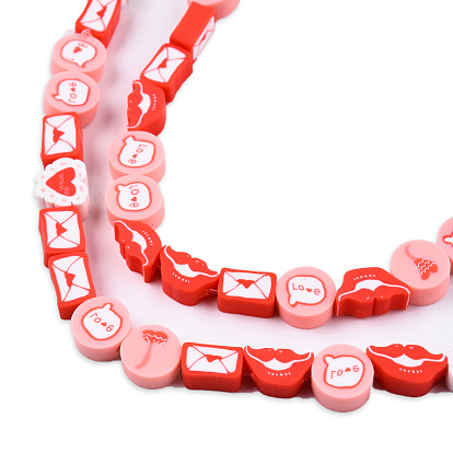 Handmade Polymer Clay Beads Strands, Flat Round with Word Love & Heart, Mouth and Letter