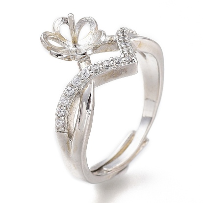 Componentes del anillo de dedo de bronce ajustable, con micro allanar zirconia cúbico, por medio perforó perlas, larga duración plateado, flor