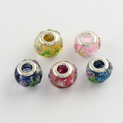 Rondelle Lampwork Large Hole European Beads, with Silver Color Plated Brass Cores, 14~15x10~11mm, Hole: 5mm
