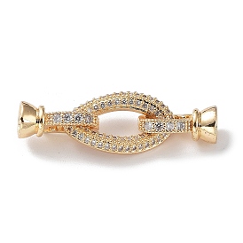 Rack Plating Brass Micro Pave Clear Oval Cubic Zirconia Fold Over Clasps, Cadmium Free & Lead Free, Long-Lasting Plated