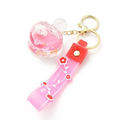 Porte-clés de bouteille en acrylique rempli de liquide créatif flottant, porte-clés lapin dessin animé mignon, avec les accessoires en alliage