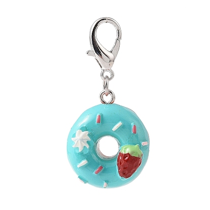 Doughnut with Strawberry Resin Pendants Decorations Set, Lobster Clasp Charms, Clip-on Charm, for Keychain, Purse, Backpack Ornament