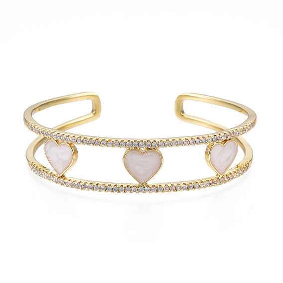 Bracelet manchette ouvert en forme de cœur en émail avec zircone cubique transparente, bijoux en laiton plaqué or véritable 18k pour femmes