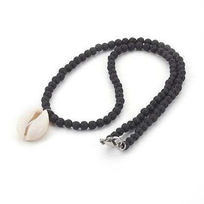 Cowrie Shell Pendant Necklaces, with Natural Lava Rock Round Beads and 304 Stainless Steel Lobster Claw Clasps