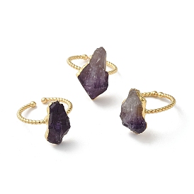 Natural Amethyst Nuggets Open Cuff Rings, Brass Finger Ring, Cadmium Free & Lead Free