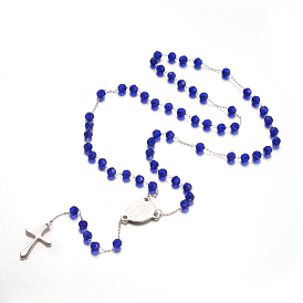 Cross 304 Stainless Steel Rosary Beaded Necklaces, with Glass Beads, 25 inch(64cm)