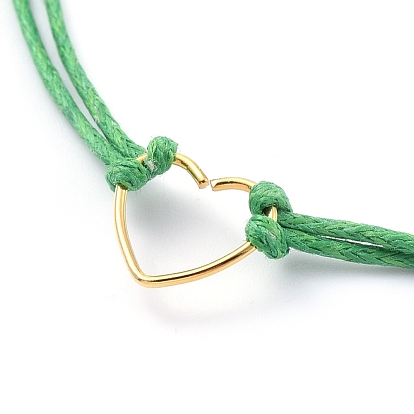 Bracelets réglables en cordon de coton ciré, avec 304 anneau de saut coeur en acier inoxydable