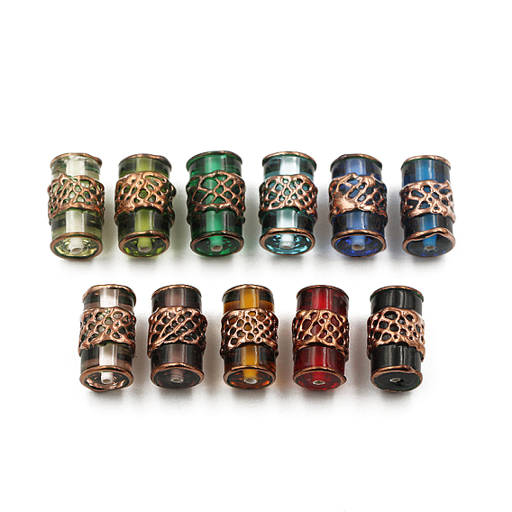 Retro Czech Glass Beads, Red Copper Metal Grid Beads, Column