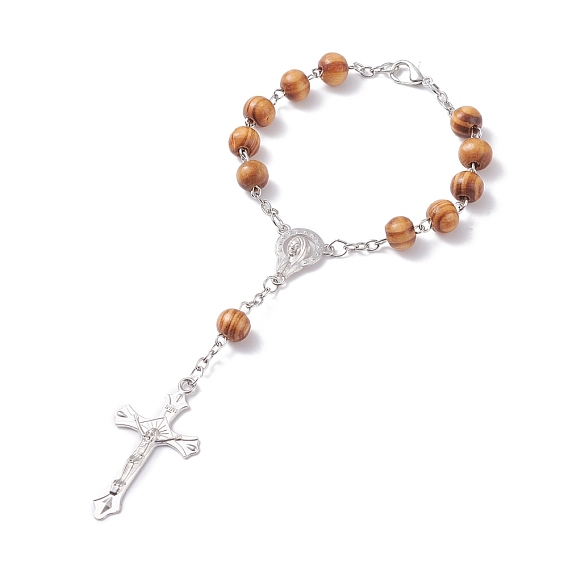 Pulsera de rosario con cuentas de madera de pino de oración religiosa, pulsera larga con dije de cruz de crucifijo de la virgen maría para pascua