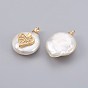 Natural Cultured Freshwater Pearl Pendants, with Cubic Zirconia and Brass Findings, Long-Lasting Plated, Heart, Real 18K Gold Plated