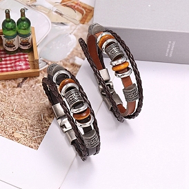 Bracelet multibrins triple couche en cuir de vache et cuir PU, bracelet gothique en perles de bois et d'alliage