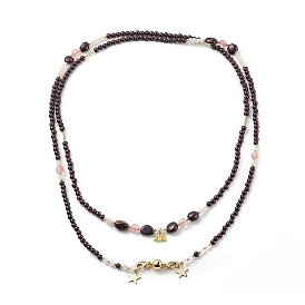2Pcs 2 Style Natural Garnet & Cherry Quartz Glass Beaded Necklaces Set with 304 Stainless Steel Star & Lotus Charms, Gemstone Necklace with Brass Magnetic Clasps for Women