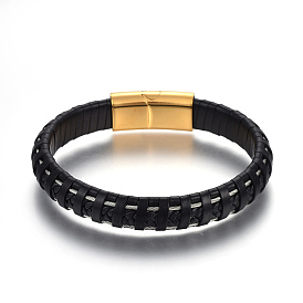 Cuir bracelets de corde tressée, avec 304 fermoirs magnétiques en acier inoxydable, noir