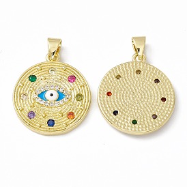 Rack Plating Brass Micro Pave Colorful Cubic Zirconia Pendants, with Enamel, Long-Lasting Plated, Cadmium Free & Lead Free, Flat Round with Evil Eye