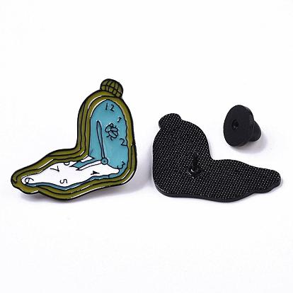 Creative Zinc Alloy Brooches, Enamel Lapel Pin, with Iron Butterfly Clutches or Rubber Clutches, Electrophoresis Black Color, Clock