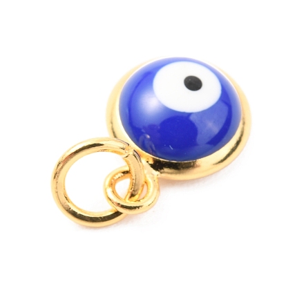 Brass Enamel Pendants, Real 18K Gold Plated, Long-Lasting Plated, with Jump Ring, Flat Round with Evil Eye