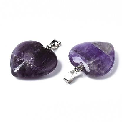 Natural Amethyst Pendants, with Platinum Plated Brass Snap On Bails, Heart