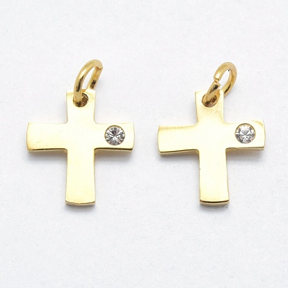 316 Surgical Stainless Steel Tiny Cross Charms, with Cubic Zirconia, Long-Lasting Plated