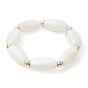 2Pcs 2 Style Shell Pearl Round & Oval Beaded Stretch Rings Set, Stackable Rings with Brass Beaded