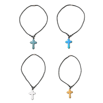 Colliers avec pendentif croix en hématite synthétique non magnétique, pour femmes et hommes, avec un alliage fermoir magnétique