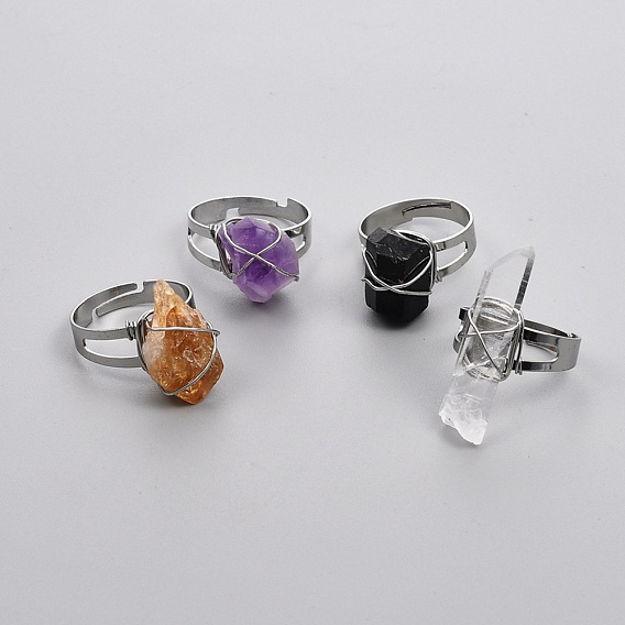 Adjustable Wire Wrapped Natural Gemstone Finger Rings, with Platinum Plated Brass Findings, Nuggets