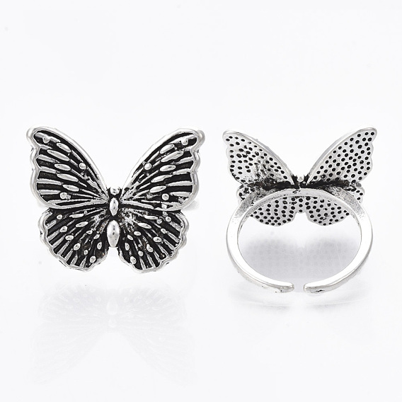 Adjustable Tibetan Style Alloy Cuff Rings, Open Rings, Lead Free & Cadmium Free, Butterfly