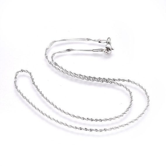 304 acier inoxydable singapour colliers de chaîne, colliers de chaîne de vague d'eau, colliers à chaîne torsadée, avec 304 perles et fermoir en acier inoxydable