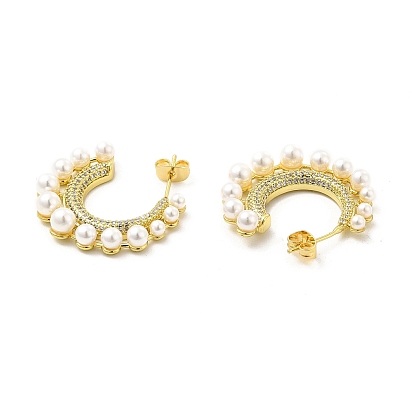 Clear Cubic Zirconia C-shape Stud Earrings with ABS Pearl Beaded, Brass Half Hoop Earrings for Women
