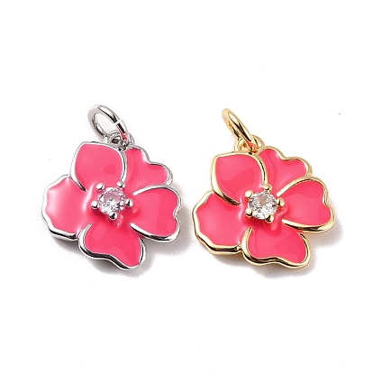 Rack Plating Brass Micro Pave Cubic Zirconia Charms, with Enamel and Jump Ring, Long-Lasting Plated, Flower