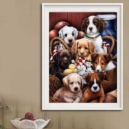 Kits de pintura de diamantes con tema de perro rectangular diy, incluyendo lienzo, diamantes de imitación de resina, bolígrafo adhesivo de diamante, plato de bandeja y arcilla de cola, lindos cachorros